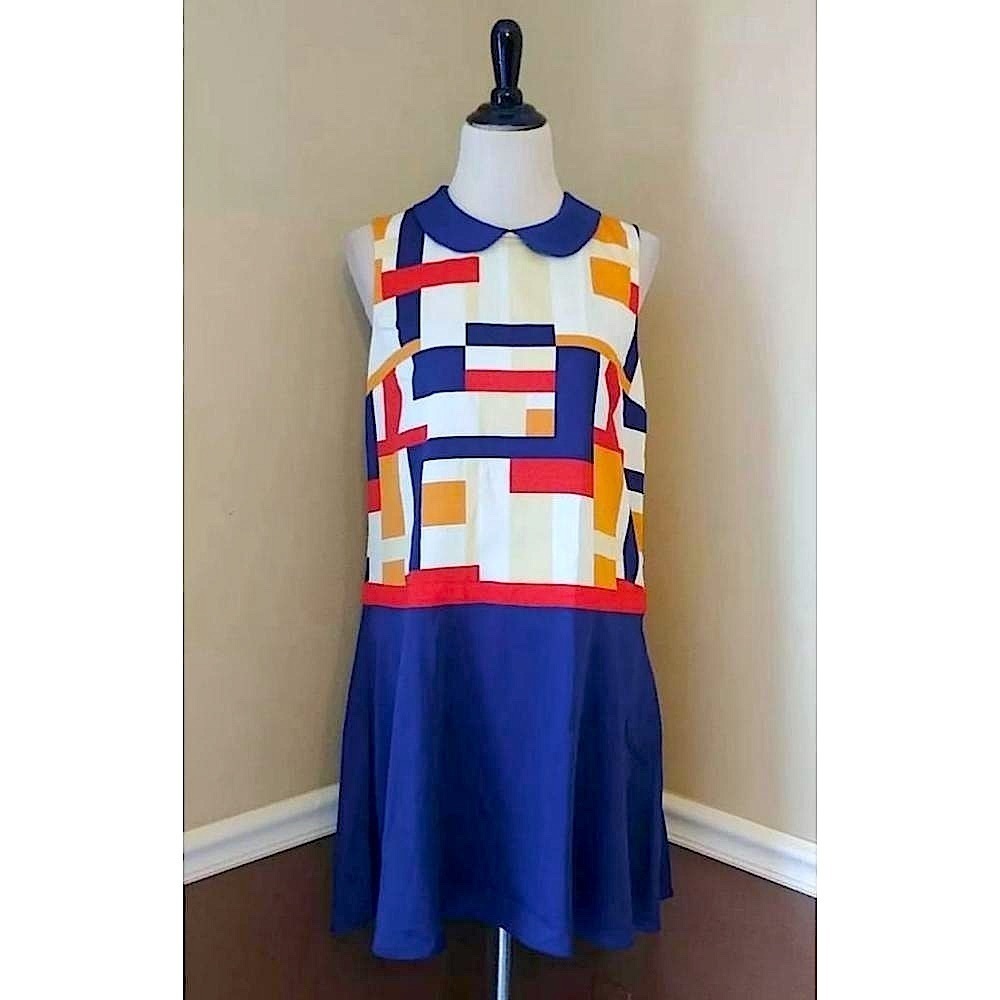 Modcloth Drop Waist Blue Bold Multi Colorblock Peter Pan Collar Retro Dress NEW